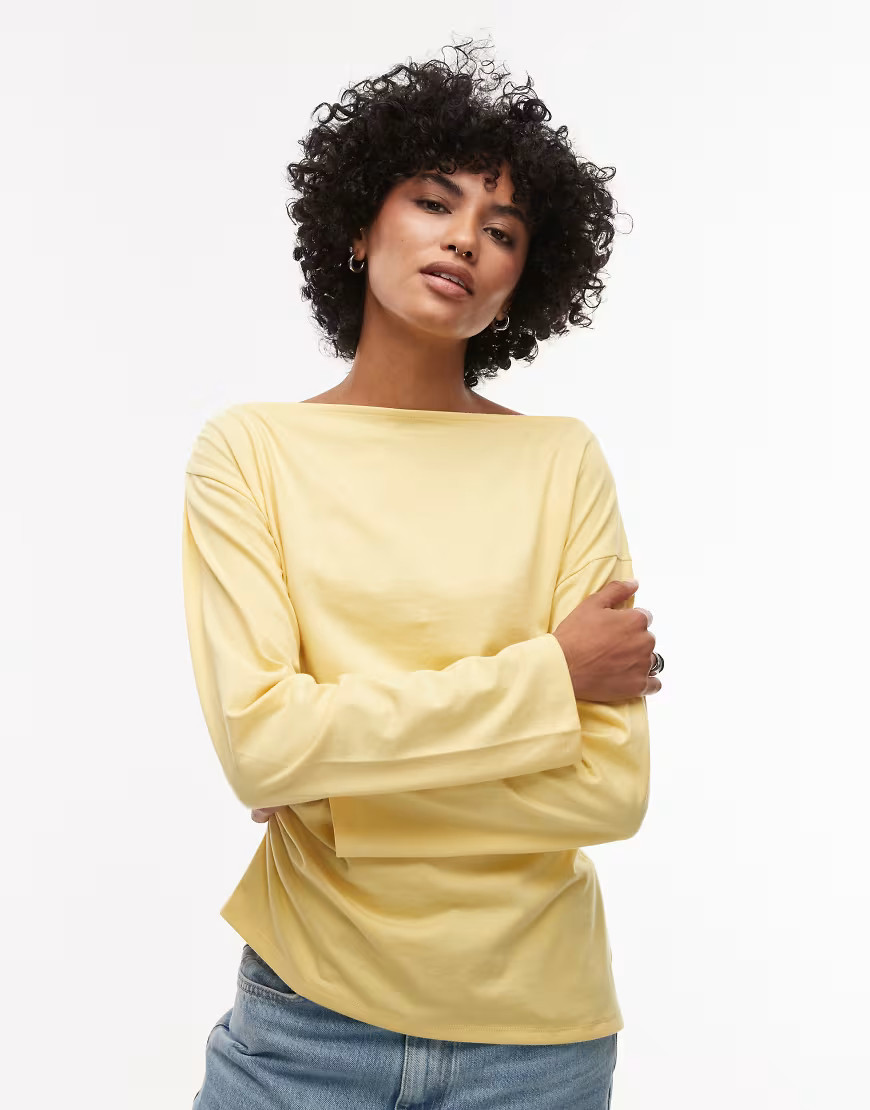 Topshop asymmetric slash neck long sleeve top in yellow | ASOS (Global)