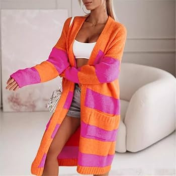 chouyatou Women's Trendy Striped Knit Cardigan Color Block Open Front Mid Long Sweater Jacket Coa... | Amazon (US)