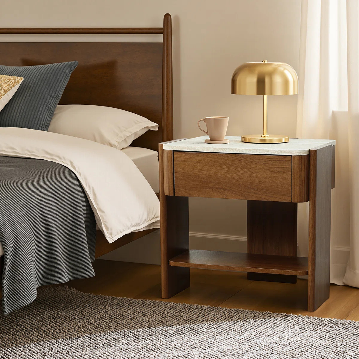 Mid-Century Modern End Table with Faux Travertine Top, Drawer and Open Shelf Nightstand | Wayfair North America