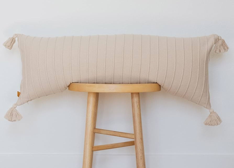 Lumi Living 100% Soft Cotton Raised Stripes Textured Rib Knit Lumbar Throw Pillow Cover with Tass... | Amazon (US)