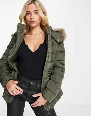 New Look padded coat with faux fur trim in khaki | ASOS (Global)