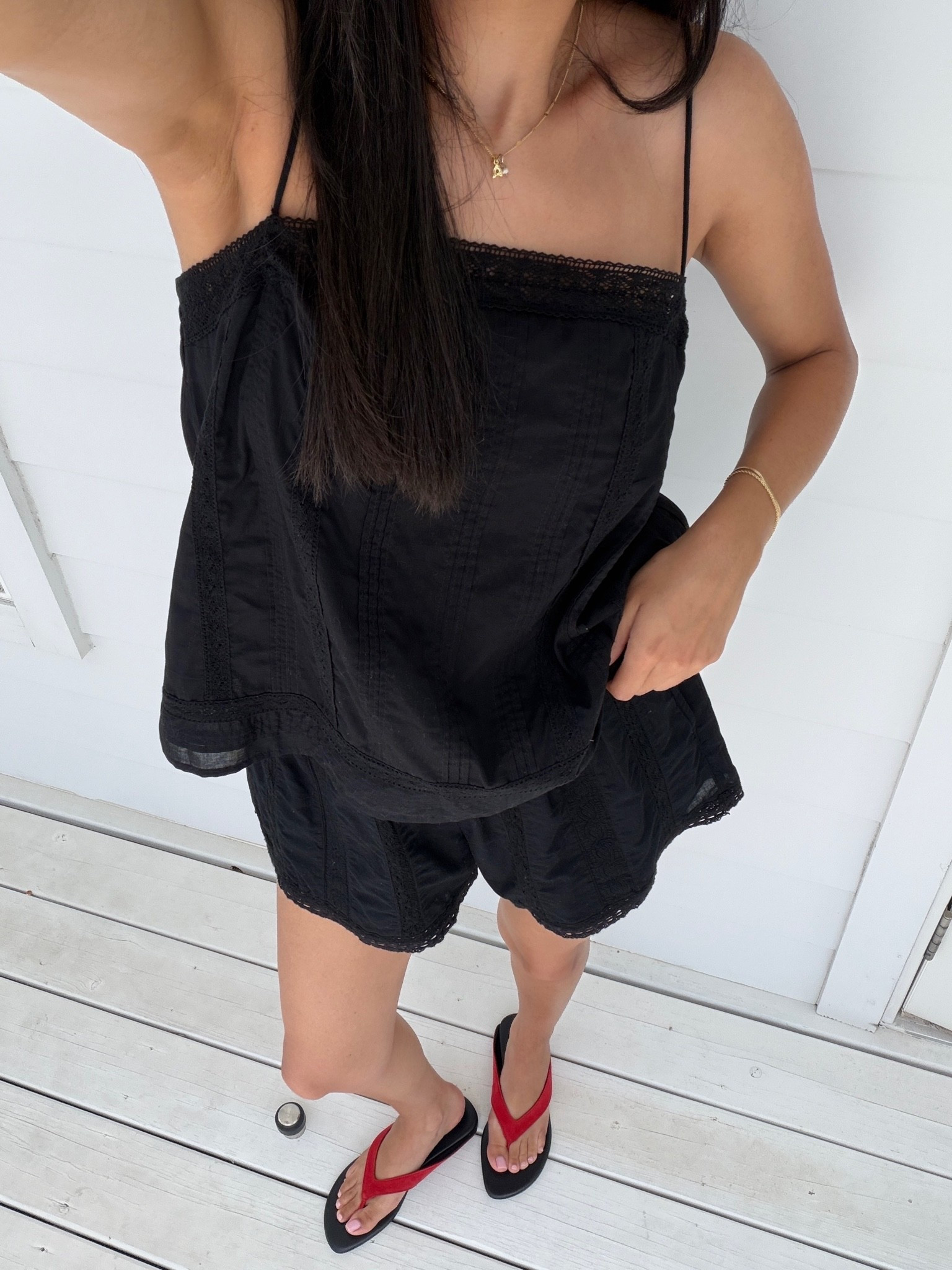 Love this abercrombie set. Wearing a small in both. Sandals are Zara!