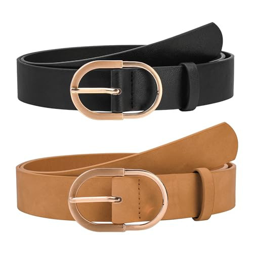 NBLYOS 2 Pack Women Belts Faux Leather for Jeans Fashion Belt with Gold Buckle Ladies Dress Belt (S,US,Black + khaki) | Amazon (US)