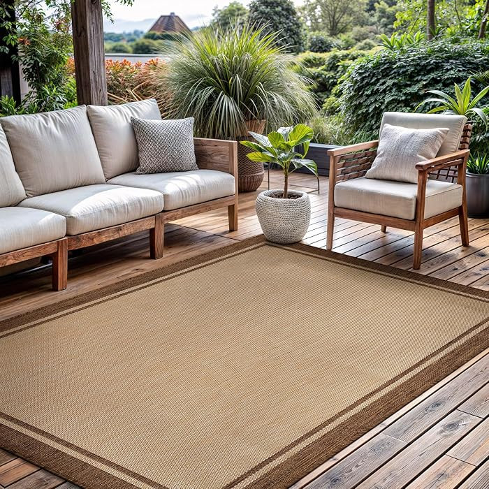 Alfombra de exterior 9x12 con borde de yute natural, color marr\u00f3n moderno, para patios inter... | Amazon (US)