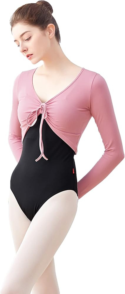 Daydance Black Cotton Teen Girls Ballet Wrap Top Crop Dance Cover up with Thumb Hole | Amazon (US)