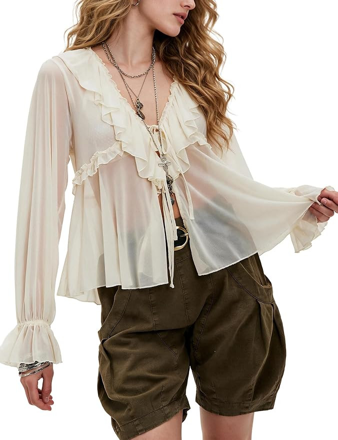 Chiffon Blouses for Women Boho Tie Front Bell Sleeve Peplum V Neck Top | Lightweight chiffon with... | Amazon (US)