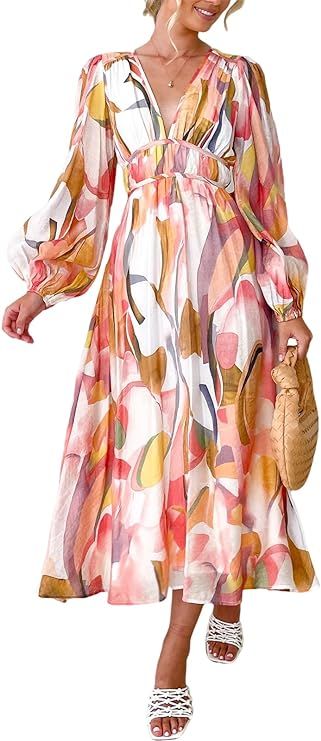 Sissyaki Women's 2024 Long Sleeve Boho Floral Maxi Dress V Neck Casual Long Dress | Amazon (US)