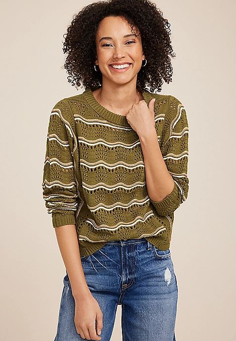 Striped Wave Pointelle Stitch Sweater | Maurices