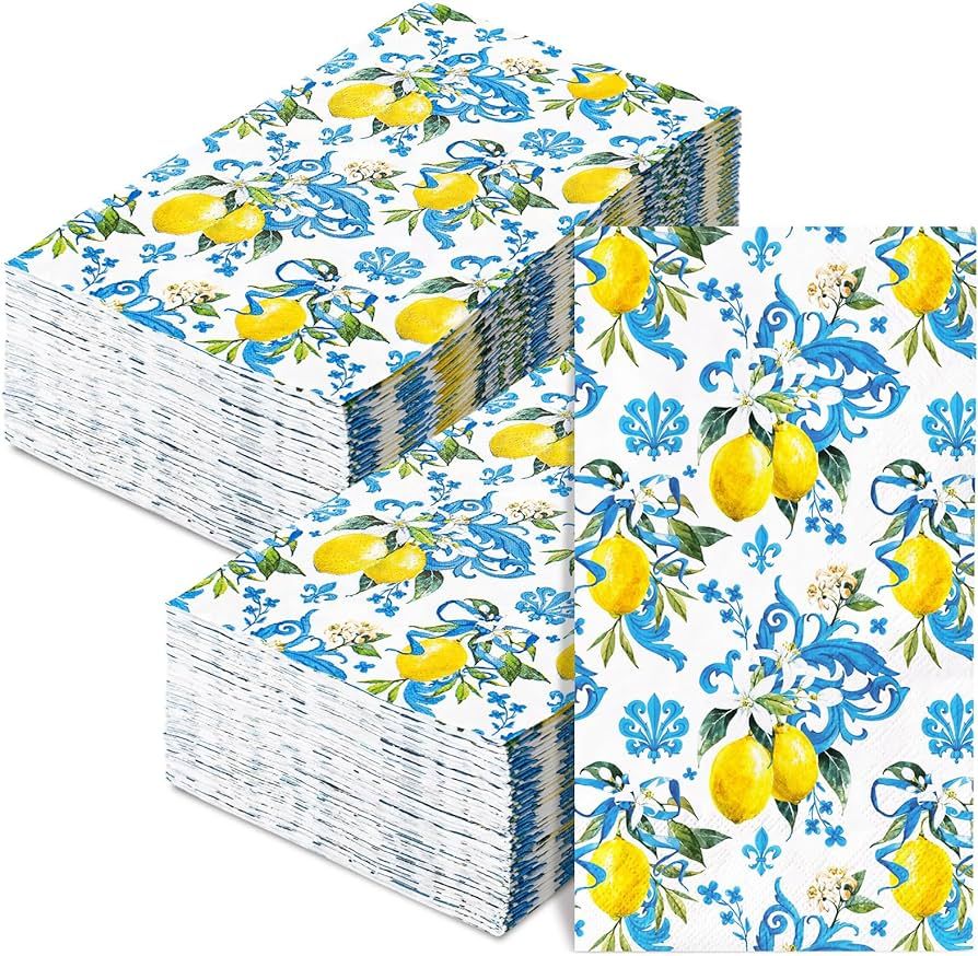 AnyDesign 100Pcs Lemon Guest Napkin Yellow Blue Print Disposable Paper Napkin Spring Summer Dinne... | Amazon (US)