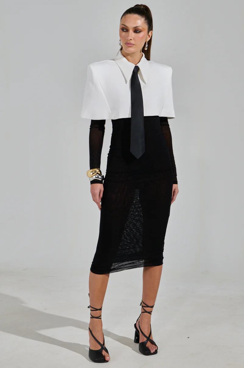 SHE MEANS BUSINESS TIE DETAIL MESH MIDI DRESS | AKIRA
