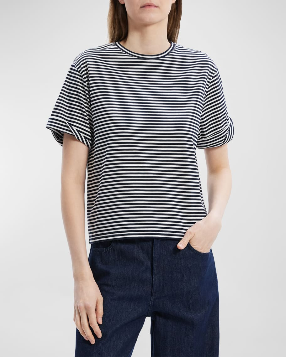 Theory Boxy Rolled-Sleeve Striped Cotton T-Shirt | Neiman Marcus