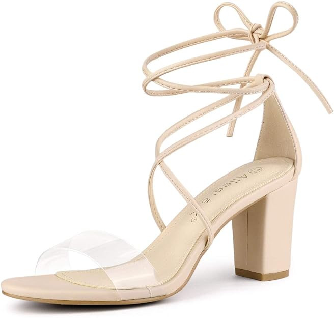Allegra K Women's Clear Heel Block Heels Lace Up Heels Sandals | Amazon (US)