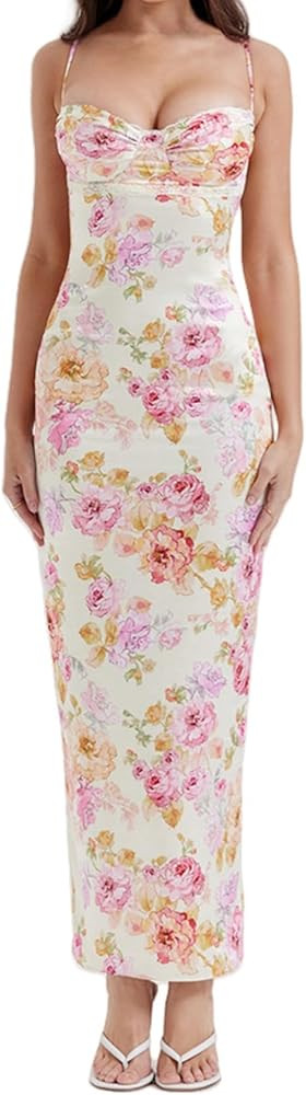 Women Sexy Sleeveless Floral Maxi Dress Elegant Spaghetti Strap Lace Trim Wedding Guest Dress Low... | Amazon (US)