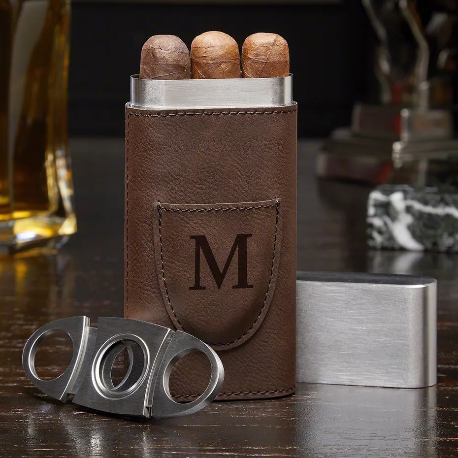 Monogrammed Travel Cigar Case with Cigar Cutter | HomeWetBar.com