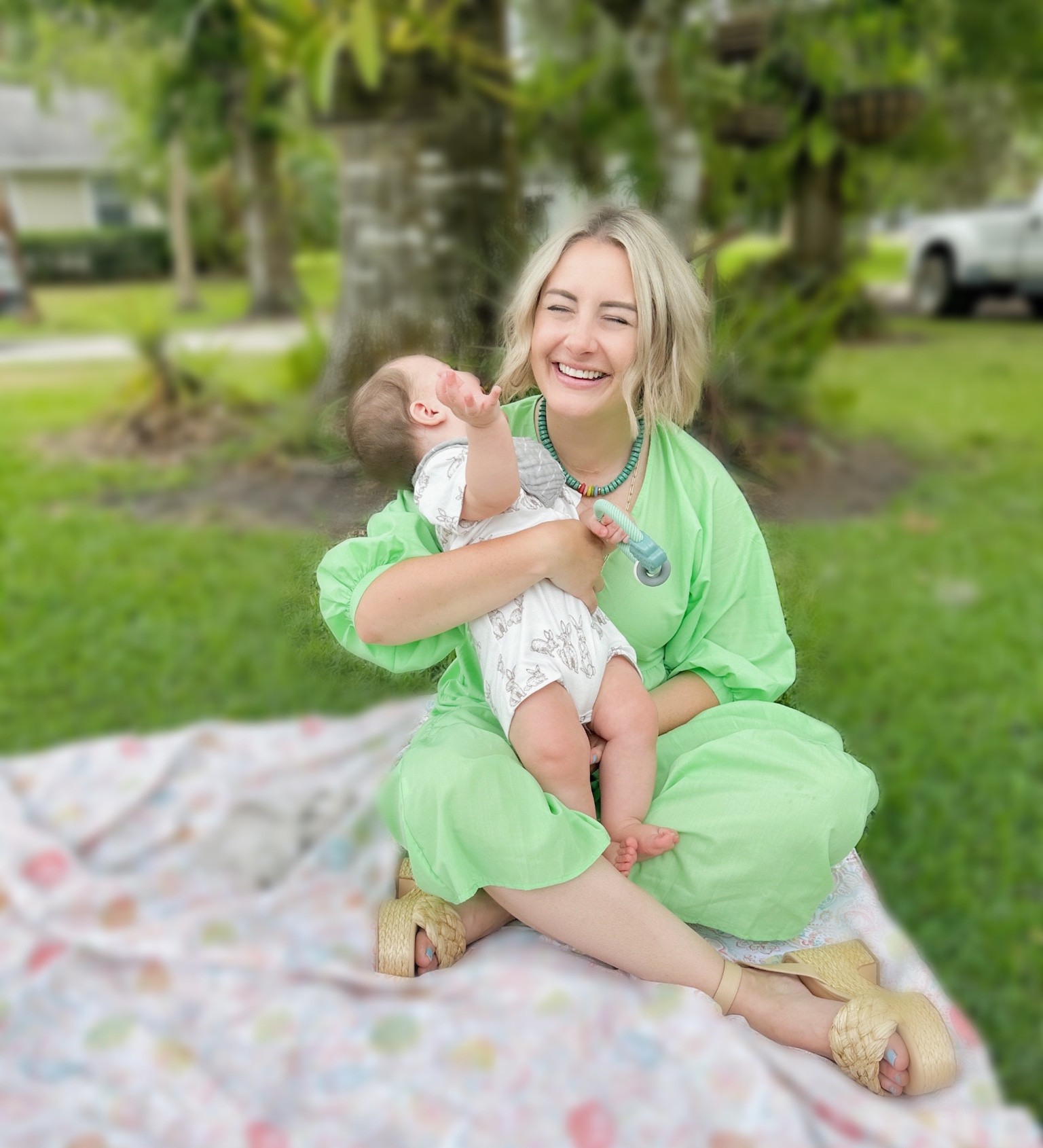 Spent Easter in a Hale House Boutique lime green poplin tiered maxi, #MarcFisher raffia platform, Gathered Goods (TX) necklace and my sweet baby, Tuck. Here are a few similar items! I have the pink H&M dress. It is oversized. I probably could have sized down to a small.