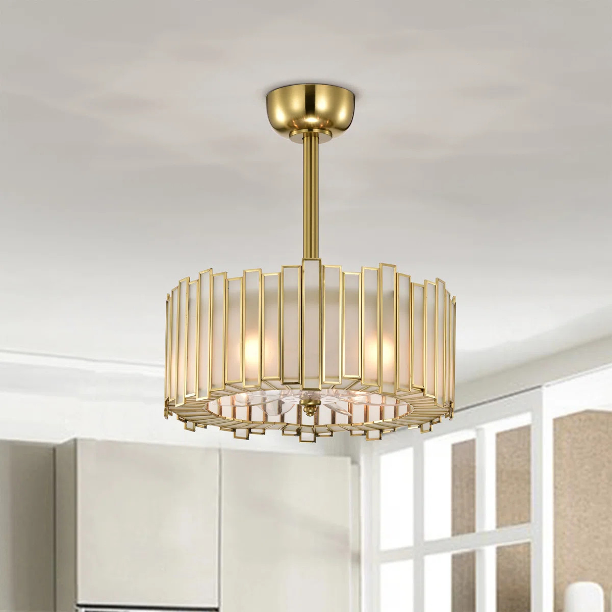 Walda 6-light Brass And Frosted Glass Staggered Panes Fandelier Lighted Ceiling Fan Remote Contro... | Wayfair North America