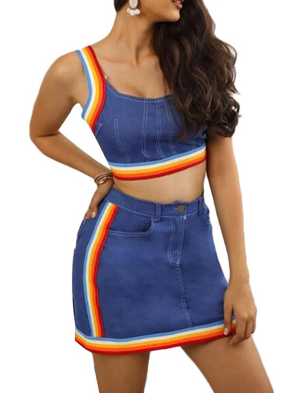 JDinms Women Sleeveless Denim Rainbow Stripe Tank Crop Top Short Skirts Set 2 Piece Mini Dress | Walmart (US)