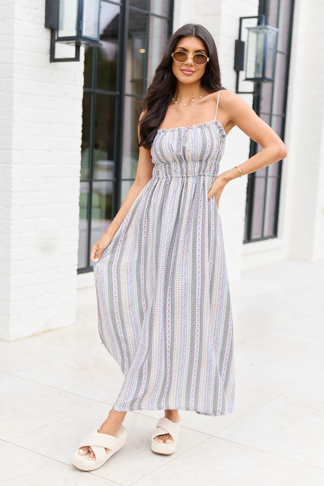 Lovingly Yours Lavendar Stripe Floral Midi Dress | Pink Lily