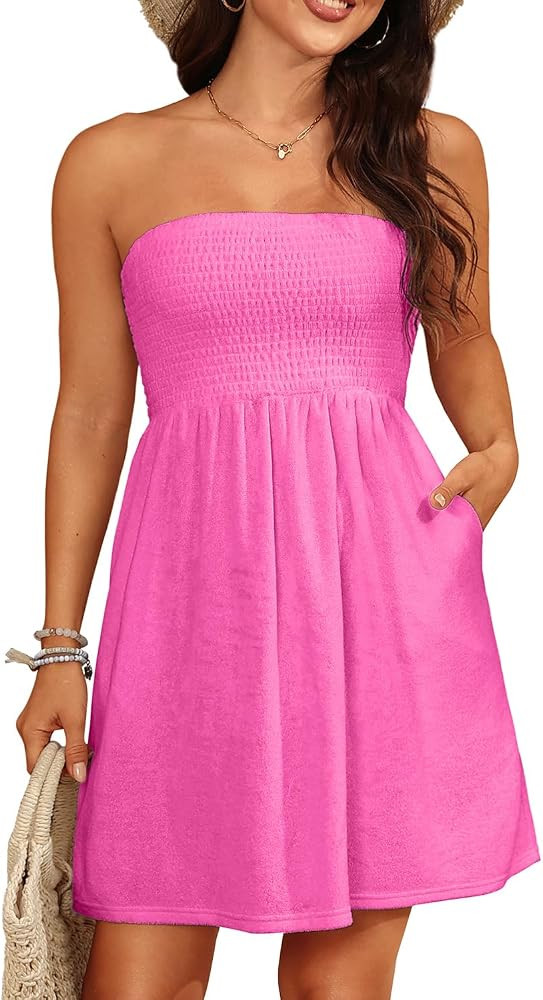 Yonique Women Terry Cloth Cover up - Strapless Beach Cover Up Tube Top with Pockets | Amazon (US)