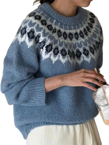 Women's Fair Isle Sweater Casual Vintage Crew Neck Knitted Sweater Cute Graphic Fall Fashion Pull... | Amazon (US)