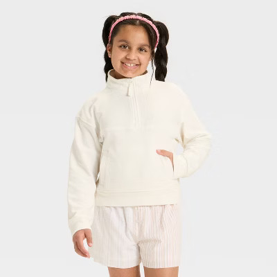 Girls' French Terry Quarter Zip Pullover Sweatshirt - Cat & Jack™ Cream XL | Target