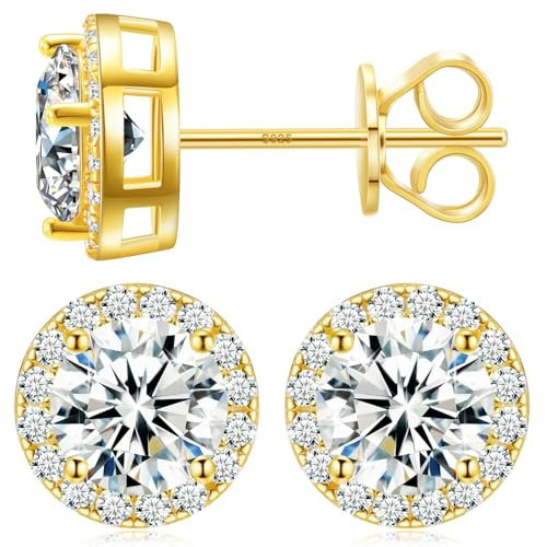 0.2 Carats Moissanite Halo Earrings 3MM Moissanite Stud Earrings for Women, 18k Yellow Gold Plated 925 Sterling Silver Men's Diamond Stud Earrings D Color VVS1 Brilliant Cut Simulated Diamond Studs with Push Back Daily Earrings | Amazon (US)