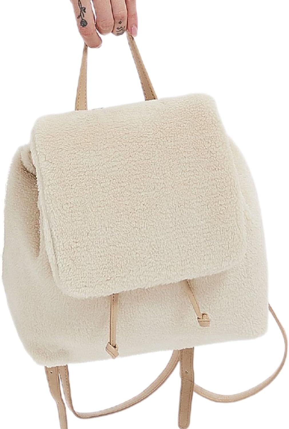 Plush Backpack Purse Bag Small Soft Faux Fur Cute Furry Stylish Casual Handbags Off-White | Amazon (US)