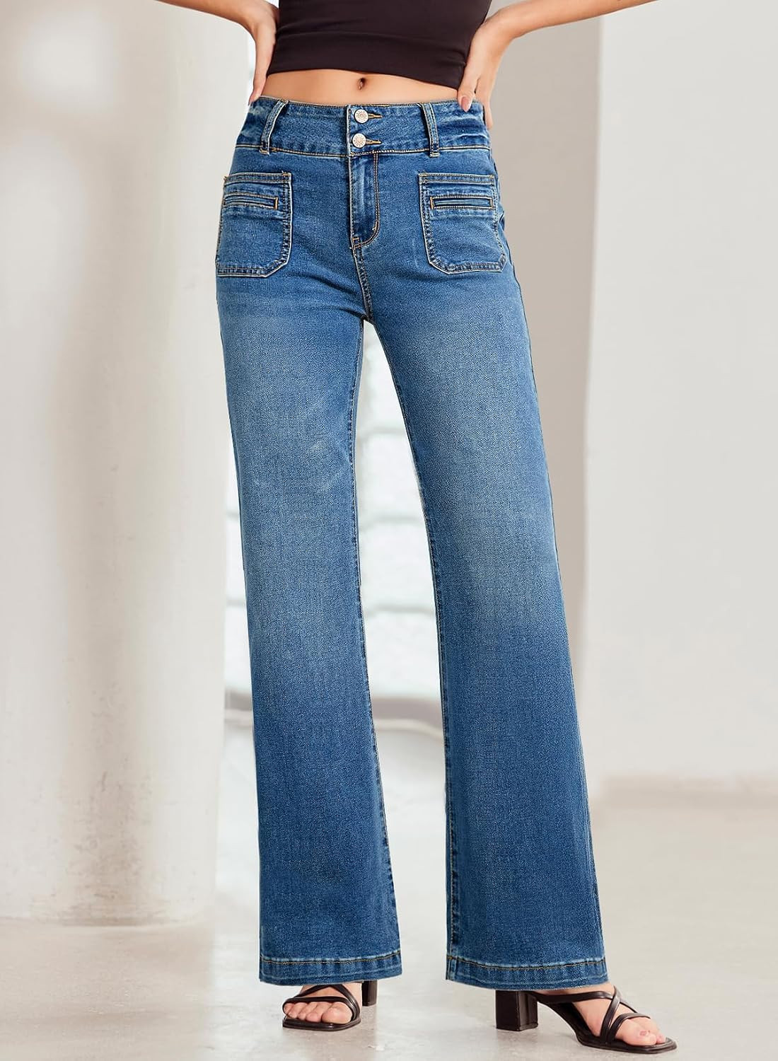 SIDEFEEL Women's High Waist Jeans Stretchy Flared Wide Leg Pockets Front Denim Pants Bootcut | Amazon (CA)