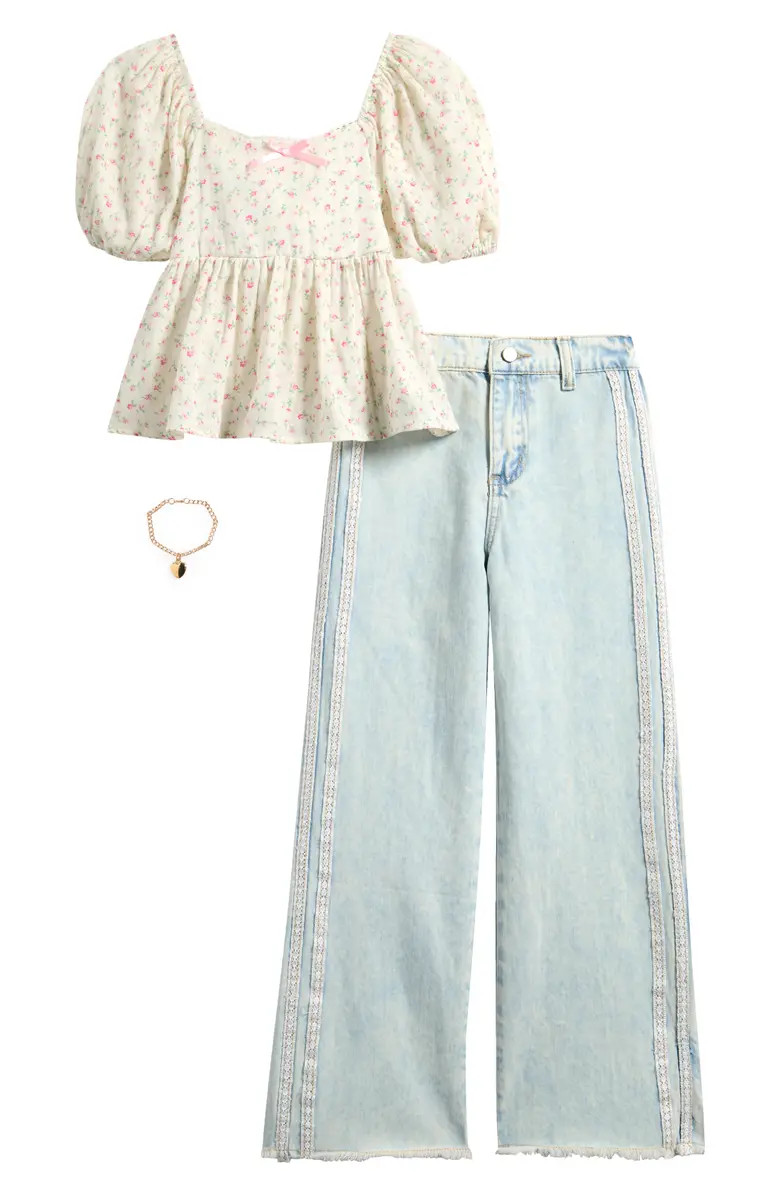 Tween Diva Kids' Floral Puff Sleeve Top, Wide Leg Jeans & Bracelet Set | Nordstromrack | Nordstrom Rack