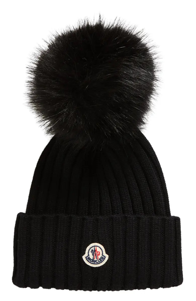 Virgin Wool Rib Beanie with Faux Fur Pompom | Nordstrom