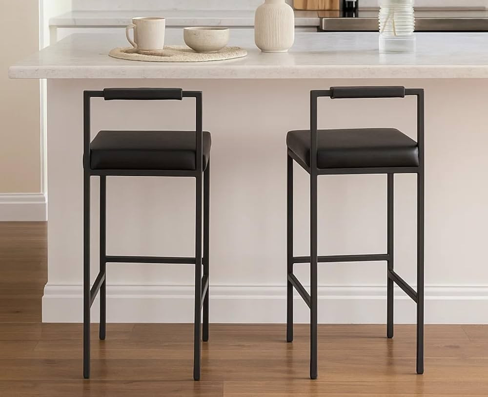 CIMOTA Black Modern Bar Stools Set of 2 with Low Back, Leather Counter Height Stools Tall Barstoo... | Amazon (US)