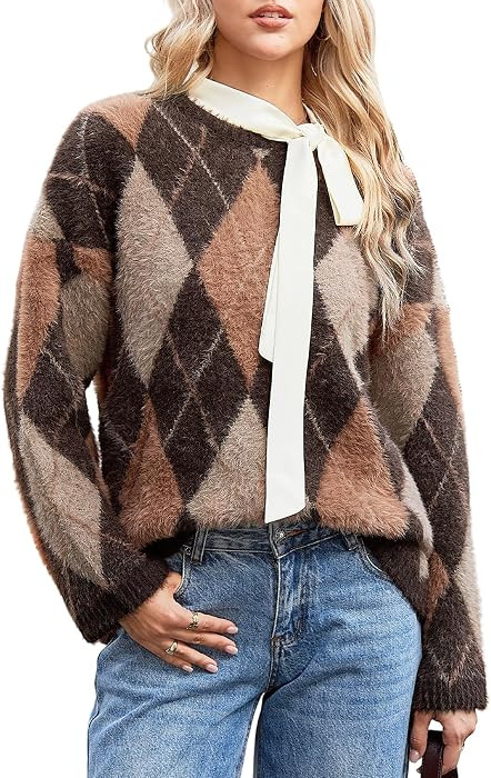 Yimoon Womens Fuzzy Sweater Argyle Plaid Oversized Knit Pullover | Amazon (US)
