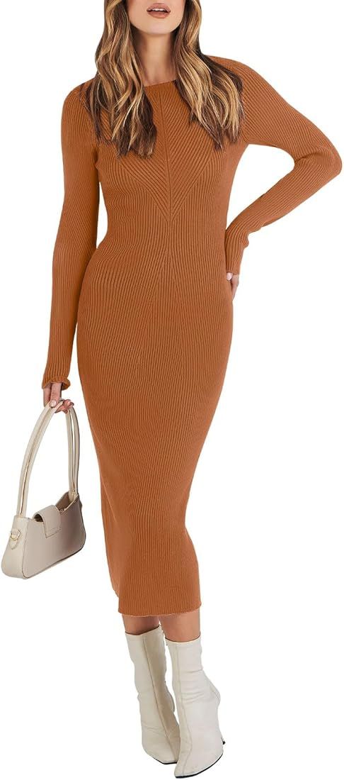 ANRABESS Women's 2023 Fall Long Sleeve Sweater Dress Crewneck Slim Fit Ribbed Knit Bodycon Midi D... | Amazon (US)