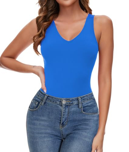 SHAPERIN Sleeveless Bodysuits for Women Sexy Deep V Neck Tank Top Body Suit Going Out Tops Blue 2XL | Amazon (US)