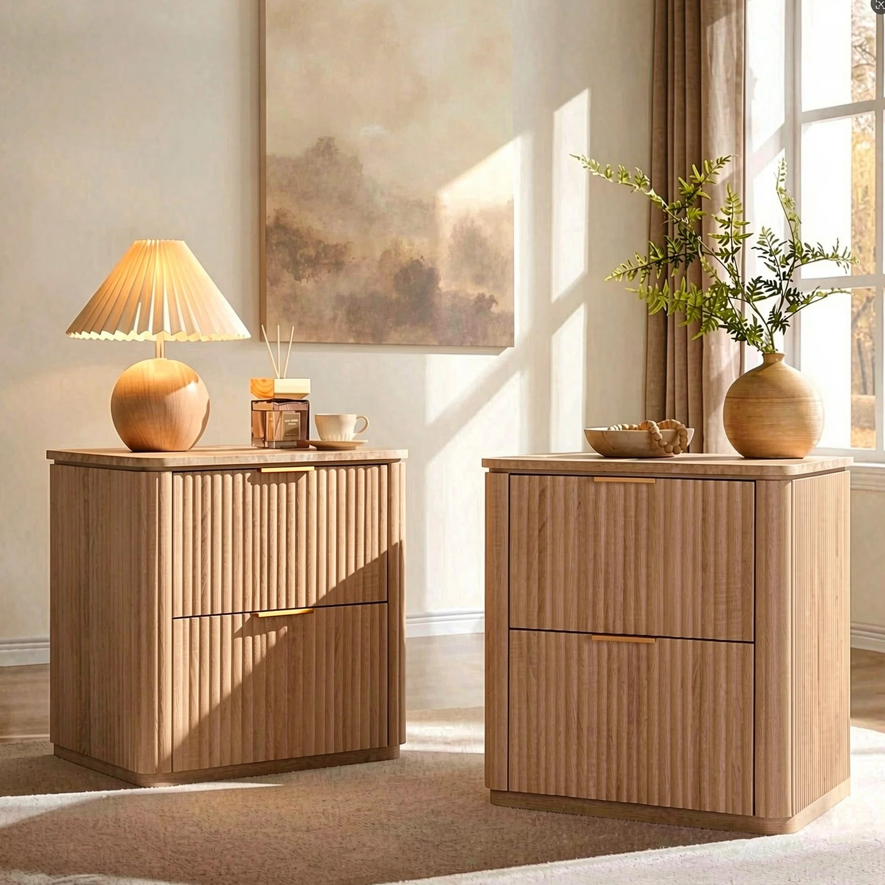 Nightstand 2-drawer Nightstand with 1.97" Thick Fluted Side Panels and Faux Marble Top | Wayfair North America
