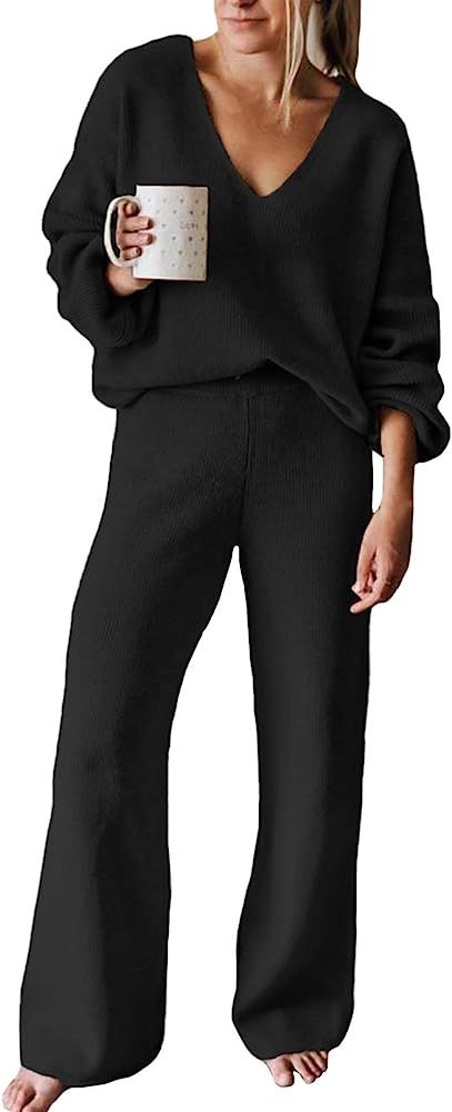 HUUSA Women's 2 Piece Outfits Long Sleeve V Neck Knit Pullover Sweater Top High Waist Wide Legs Pant | Amazon (US)