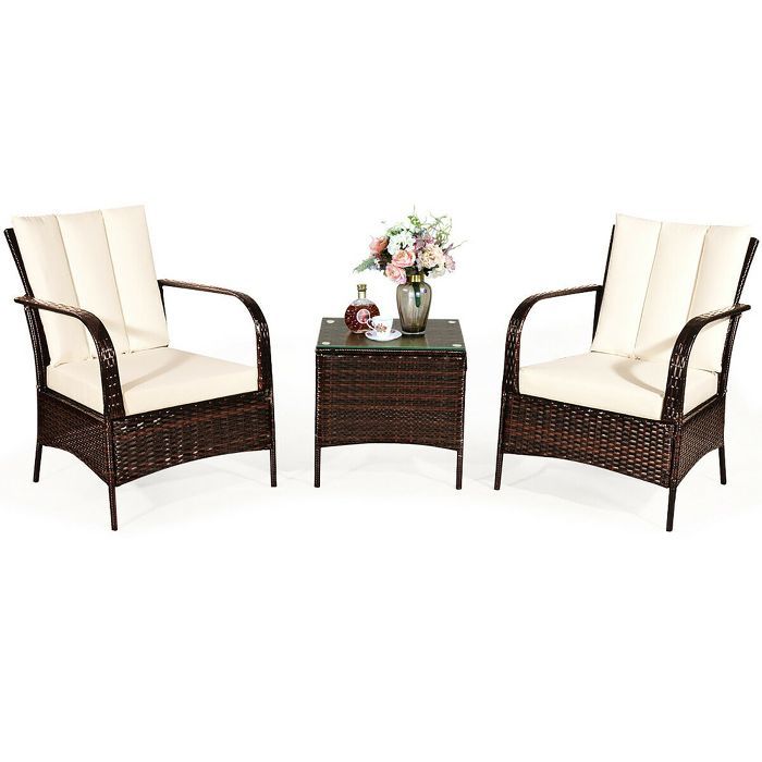 Costway 3 PCS Patio Rattan Furniture Set Coffee Table & 2 Rattan Chair W/White Cushions | Target