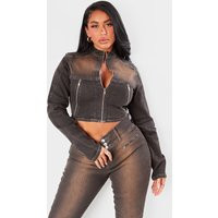 Shape Washed Brown Denim Cropped Fitted Jacket | PrettyLittleThing US