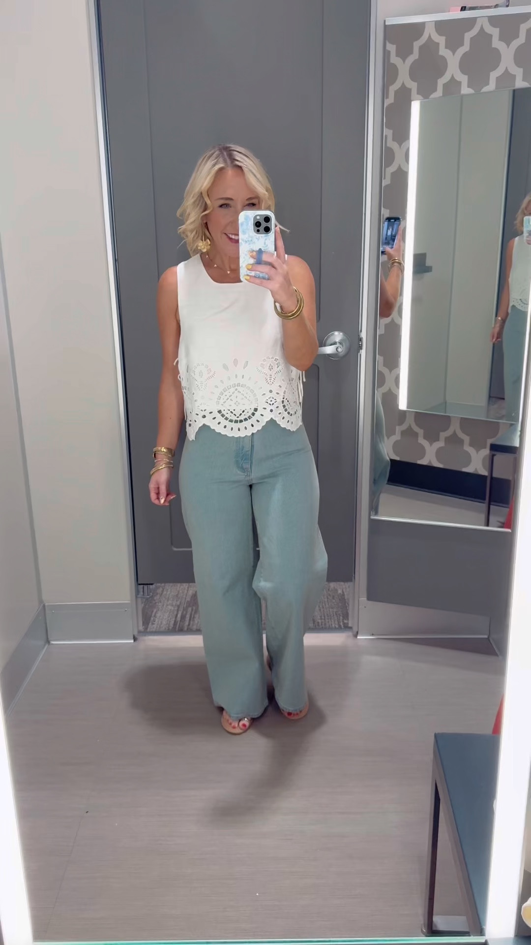 Target in store try-on (tops & bottoms): 
• Sailor jeans - size 4.
• Eyelet side tie tank - size small. 

#LTKSeasonal #LTKSaleAlert #LTKFindsUnder50