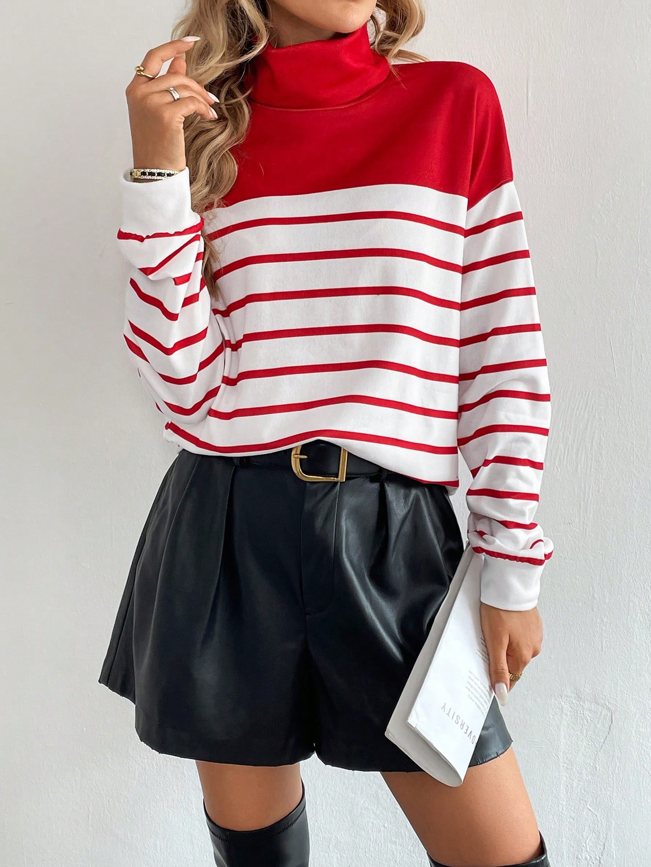 SHEIN LUNE Women Striped Print Colorblock Casual High Neck Long Sleeve Sweatshirt | SHEIN