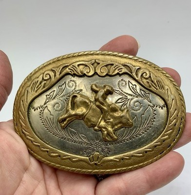 German Silver Western Cowboy Belt Buckle Oval Two Tone Rodeo Bull Rider Vintage | eBay US