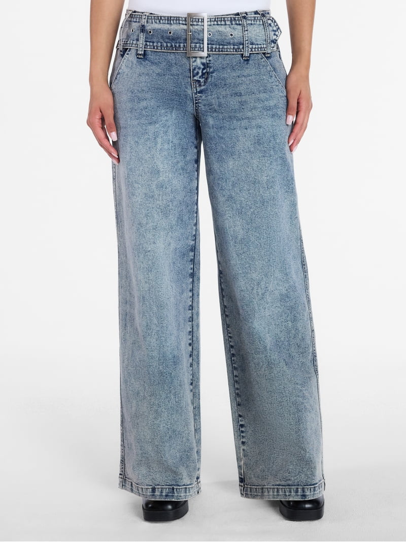Madden NYC Wide Leg Jeans with Grommet Belt, 31.5\u201d Inseam, Sizes 00-18 | Walmart (US)