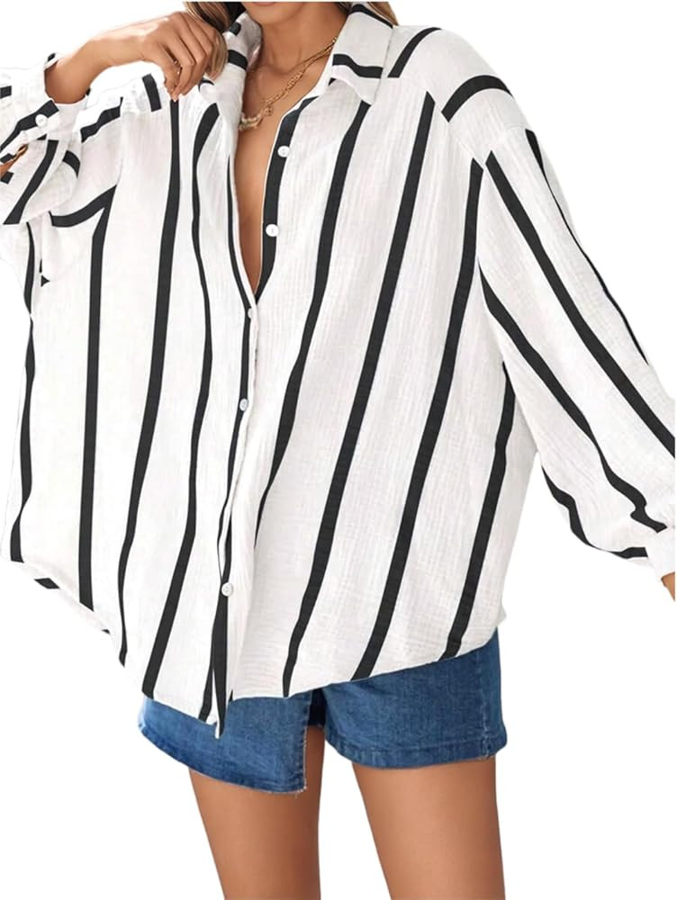 Women’s Long Sleeve Striped Shirt Button Down Loose Fit Top Casual Wear Stylish Going Out Blous... | Amazon (US)