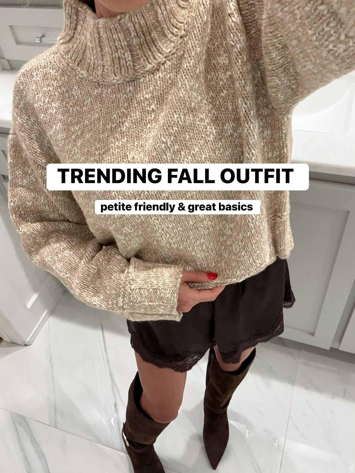 Trending fall outfit chunky sweater size xxs satin shorts xxs knee boots suede petite friendly