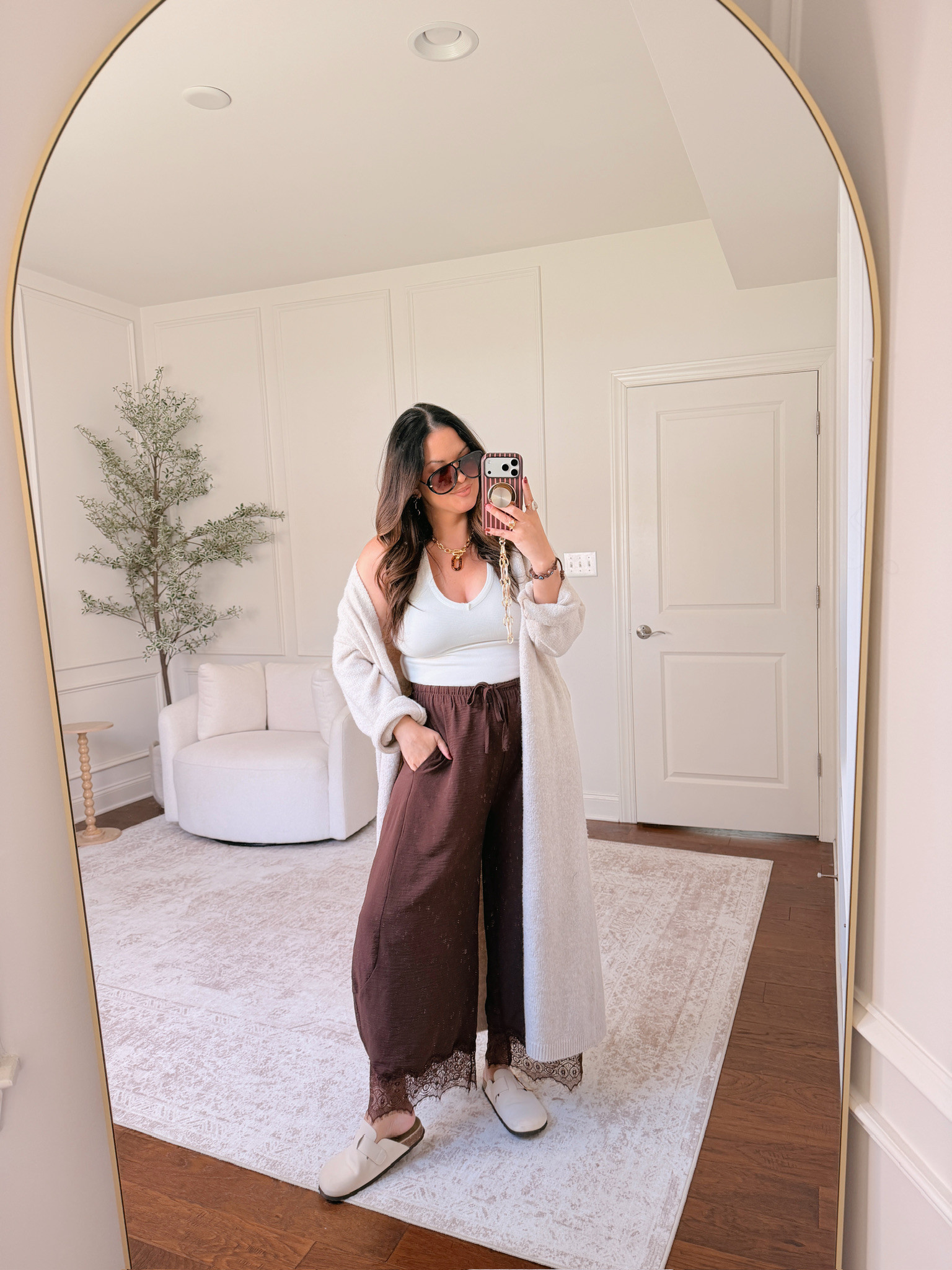 Wearing a large in the tank and an XL in the cardigan and pants 

 #LTKSeasonal #LTKMidsize