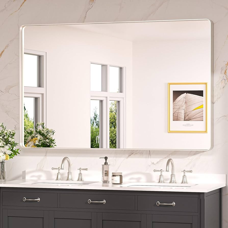 Keonjinn 55 x 36 Brushed Nickel Bathroom Mirrors for Over Sink, Large Rounded Rectangle Bathroom ... | Amazon (US)