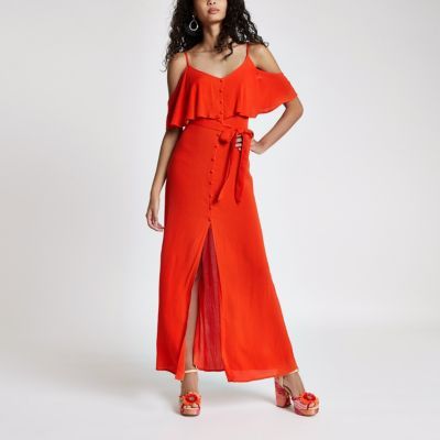 Red cold shoulder tie waist maxi dress | River Island (UK & IE)