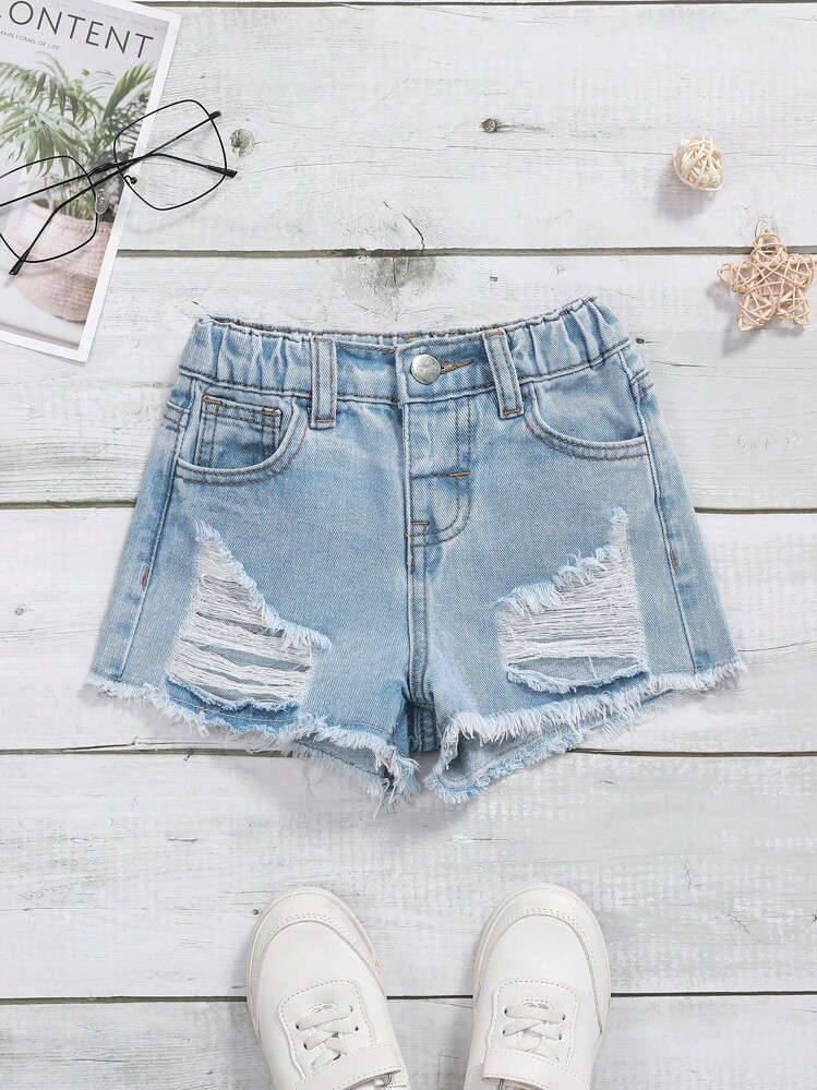 SHEIN Young Girl' Distressed Fringy Fashionable Versatile Summer Outerwear A-Line Wide Leg Denim Shorts,Holiday,Summer,Travel | SHEIN