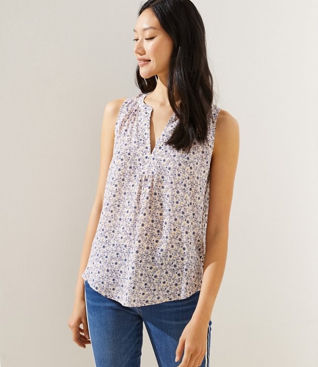 Floral Mixed Media Split Neck Shell | LOFT | LOFT