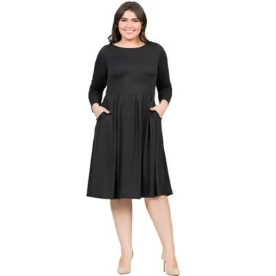 24seven Comfort Apparel Plus Size Long Sleeve Fit and Flare Midi Dress-Black-1X | Target